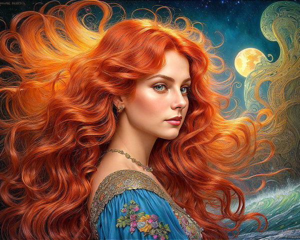 Serene Woman in Blue Gown Against Cosmic Background