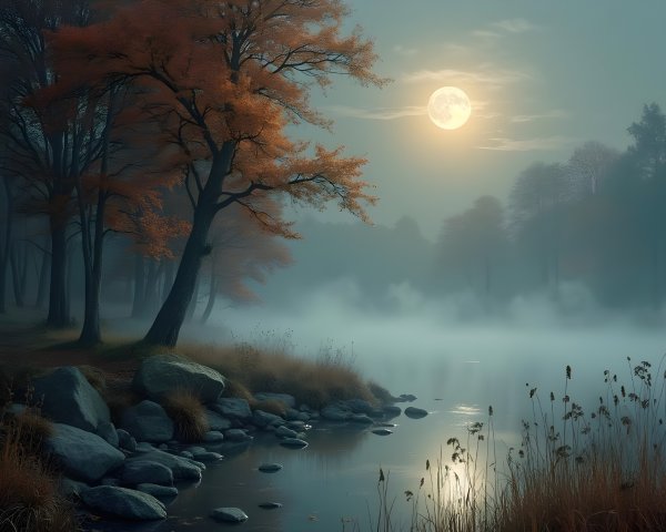 Serene Dusk Landscape with Misty Lake and Autumn Trees