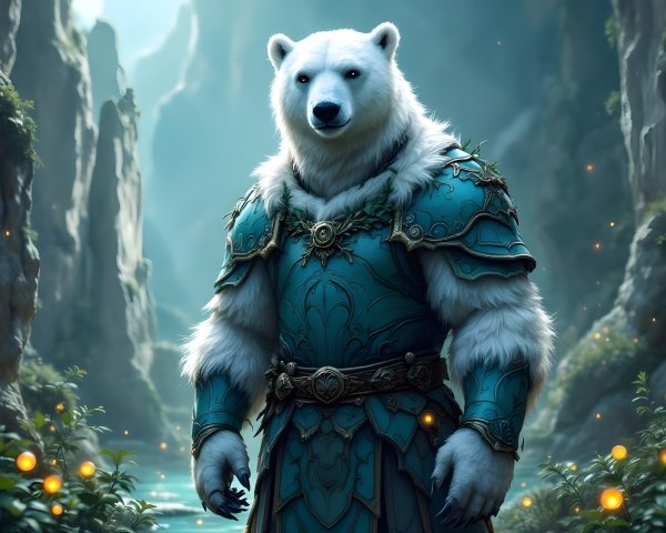 Polar bear in turquoise armor in enchanted forest