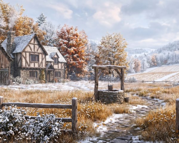 Winter Landscape with Tudor House and Snowy Forest