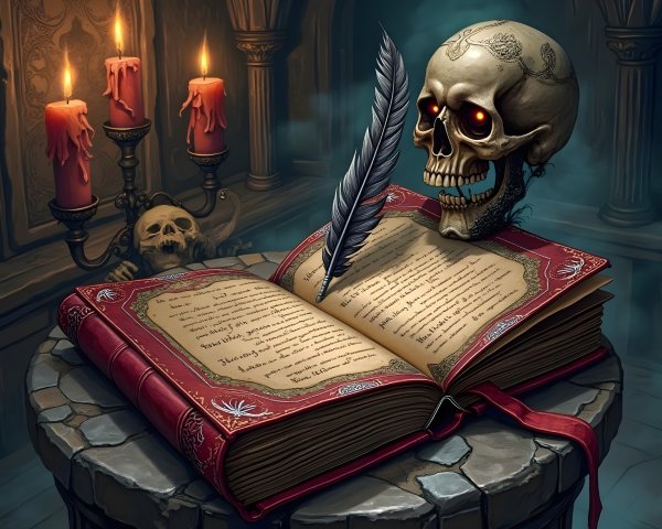 Antique Book and Skull on Stone Pedestal with Candles
