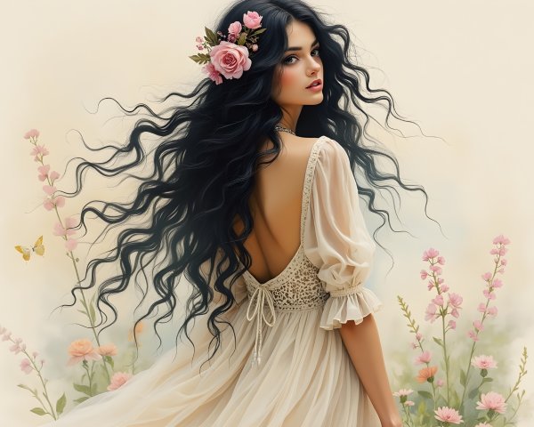 Young Woman in Cream Dress Surrounded by Flowers