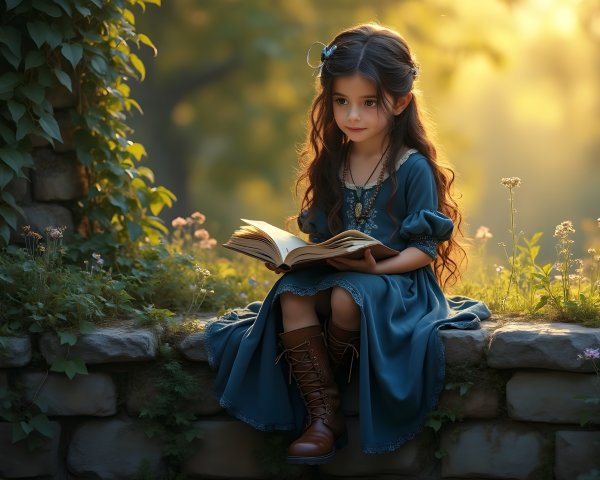Young girl reading on a stone wall at sunset