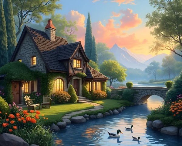Cottage by River with Gardens and Mountain View