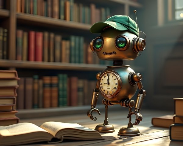 Cozy Library Scene with Friendly Robot and Sunlight