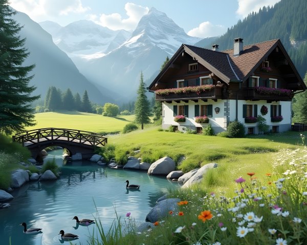 Alpine House Surrounded by Lush Meadows and Mountains