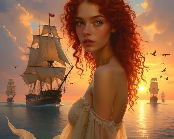 Dreamy Seascape with Woman and Sailing Ships