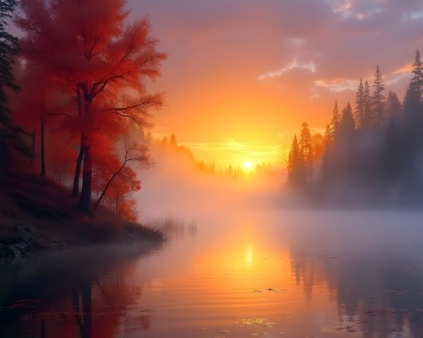 Serene Sunrise Landscape with Vibrant Lake Reflections