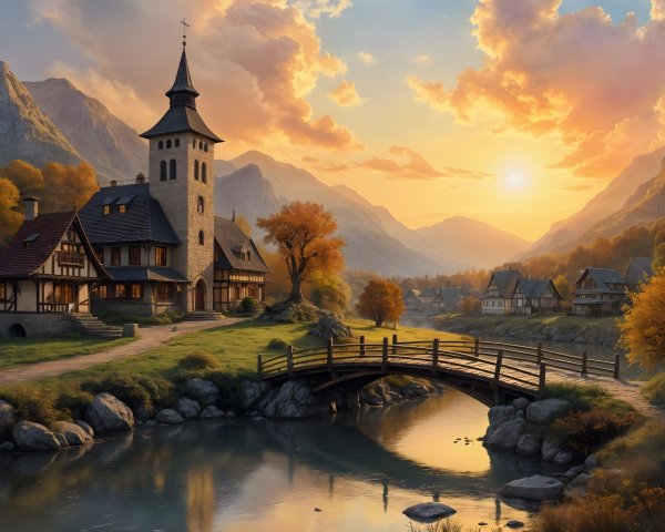 Serene Village Landscape by Tranquil River at Sunset
