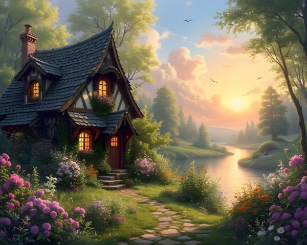 Charming Cottage Surrounded by Lush Greenery and Flowers