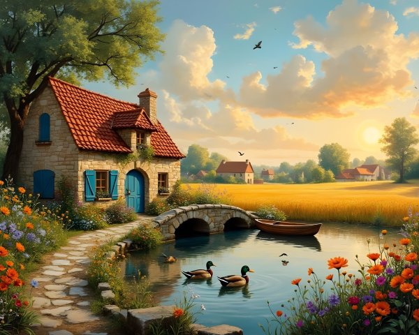 Stone Cottage by Pond with Flowers and Bridge
