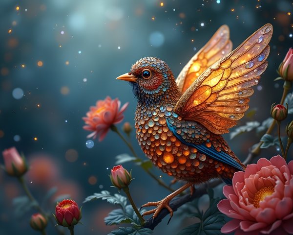 Vibrant bird with iridescent feathers on peony branch