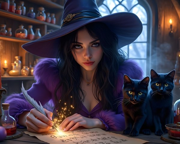 Young witch writing in a mystical, potion-filled room