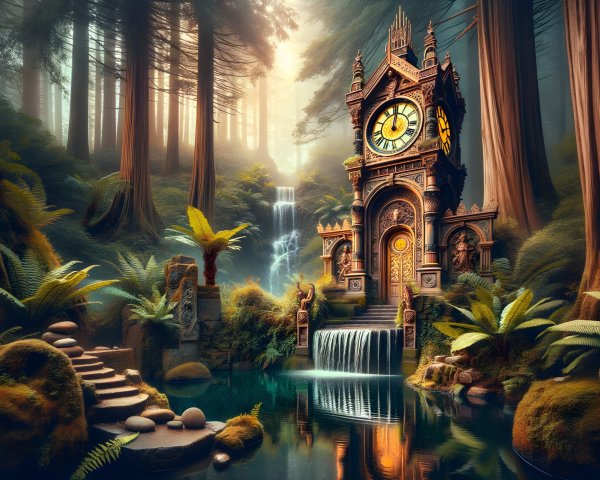 Whimsical Clock Tower in a Lush Forest Setting