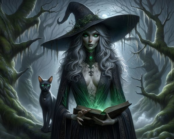Witch in Mystical Forest with Glowing Book and Cat