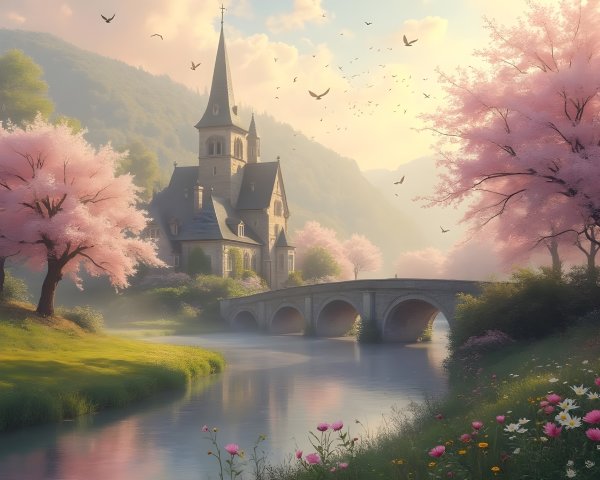 Serene Landscape with Church and Cherry Blossoms