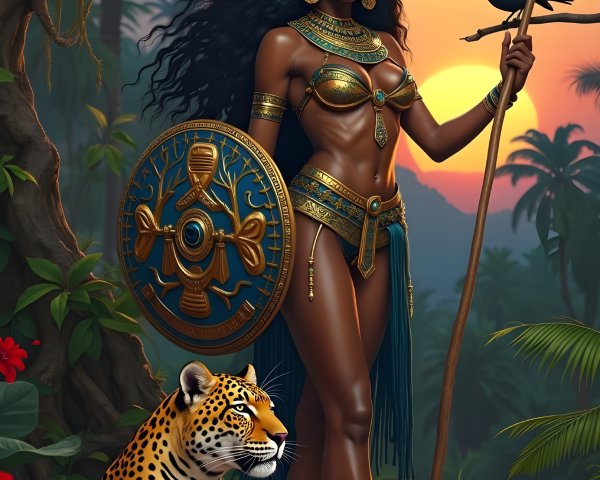 Warrior in Golden Armor in Tropical Sunset Landscape