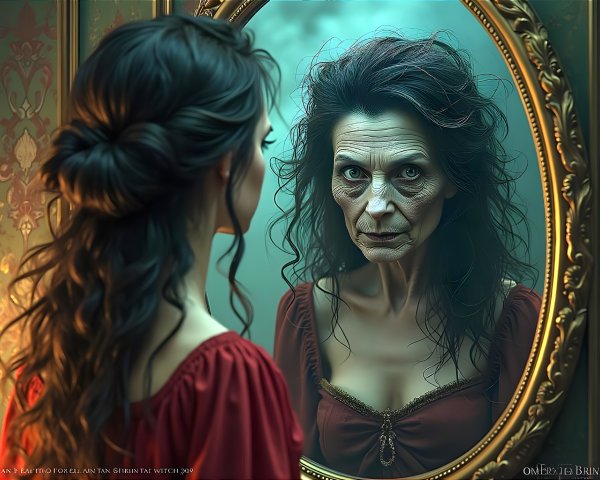 Young Woman's Reflection in Ornate Mirror Reveals Aging