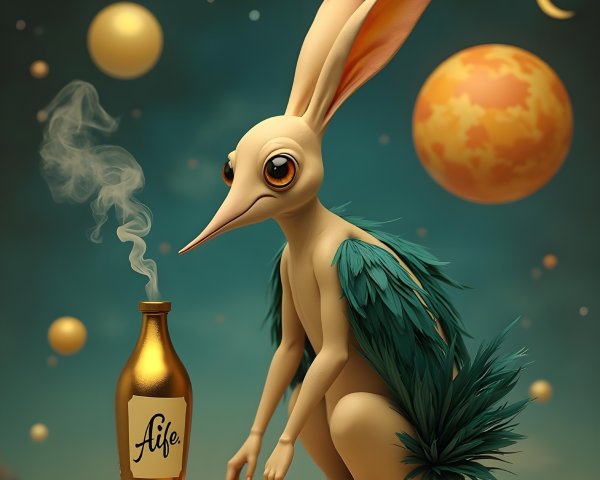 Whimsical Rabbit-like Creature on Wooden Pedestal