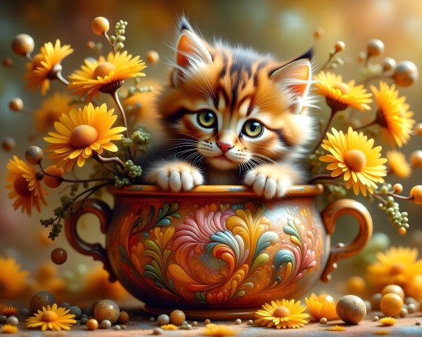 Calico Kitten Among Vibrant Yellow Flowers in Pot