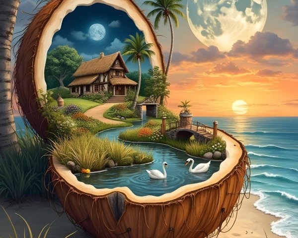 Giant Coconut Shell Reveals Idyllic Beach Scene