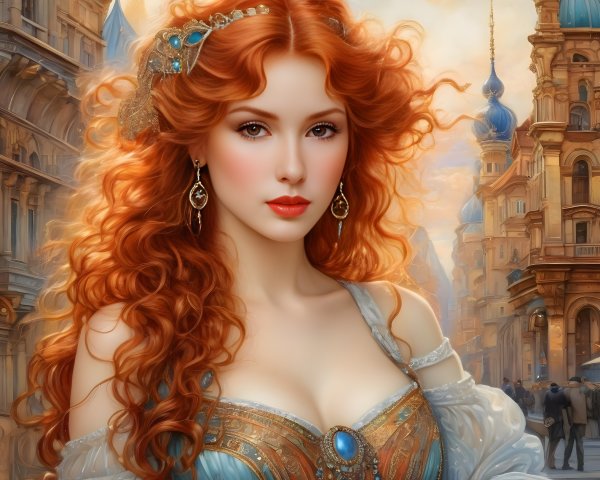 Young woman with red hair in ornate street setting