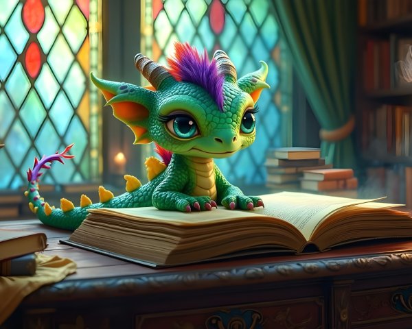 Small Dragon in Cozy Library with Stained Glass Windows
