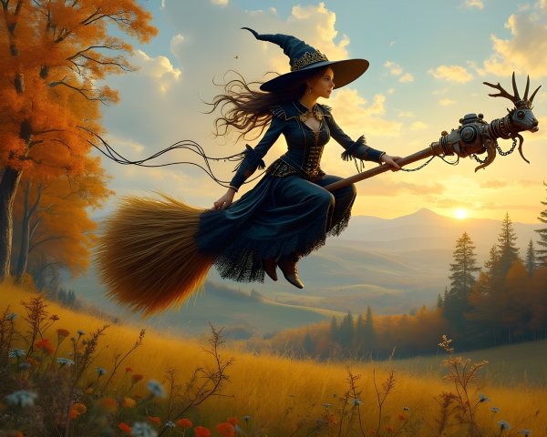 Whimsical Witch Flying Over Autumn Landscape