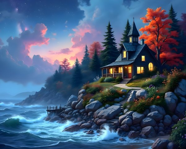 Coastal Scene with Wooden House and Autumn Colors