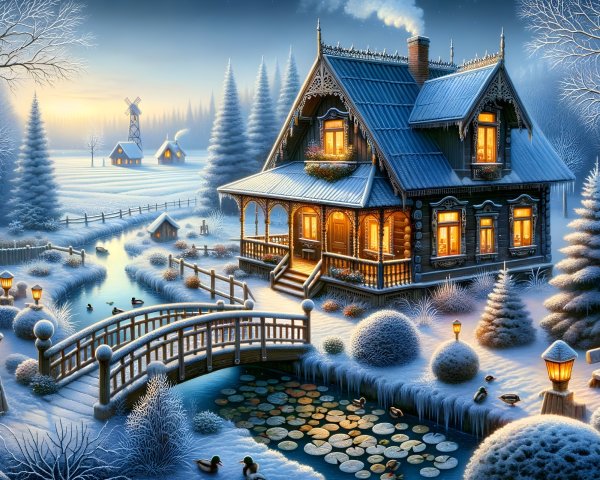 Charming Winter Scene with Wooden House and Pond