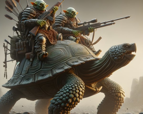 Armored Goblins on a Giant Tortoise in Fantasy Scene