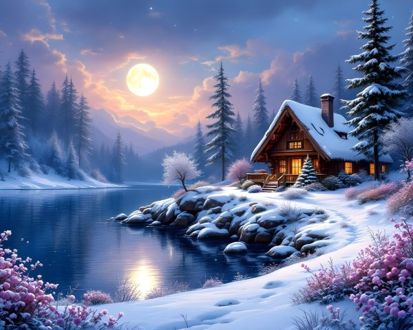 Winter Landscape with Cabin and Cherry Blossoms