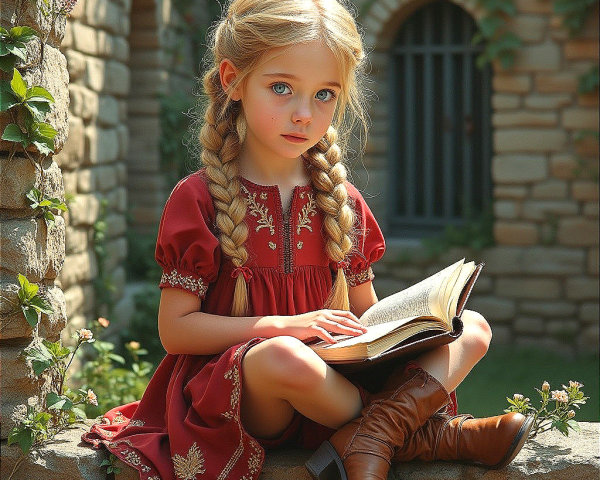 Young Girl Reading on Stone Ledge with Vines