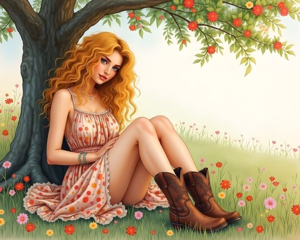 Young woman in polka-dotted dress under a tree