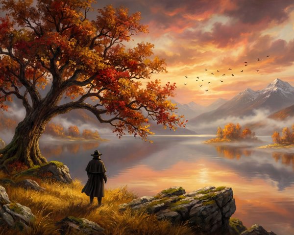Man in Cloak Overlooks Lake at Sunset with Tree