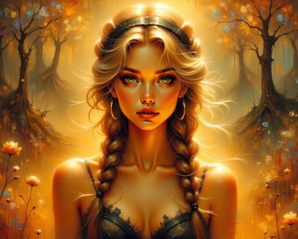 Young woman with braids in autumn forest setting