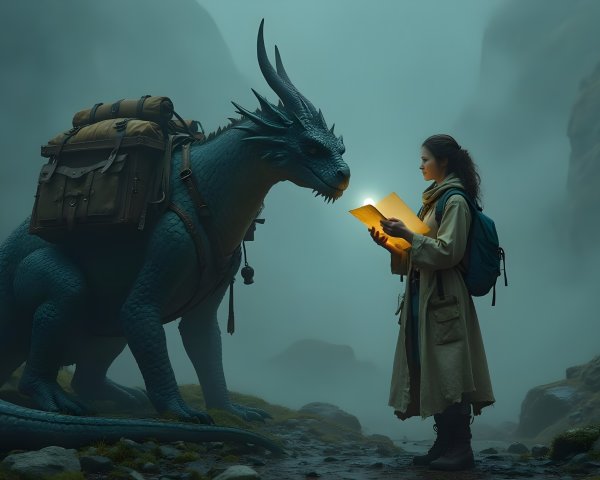Young Woman with Blue Dragon in Mystical Landscape