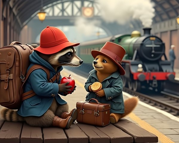 Vintage Train Station with Raccoon and Fox Characters