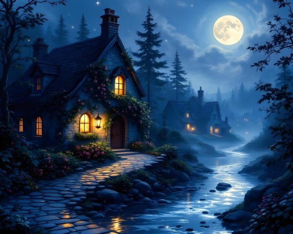 Stone Cottage by Moonlit River Surrounded by Evergreens