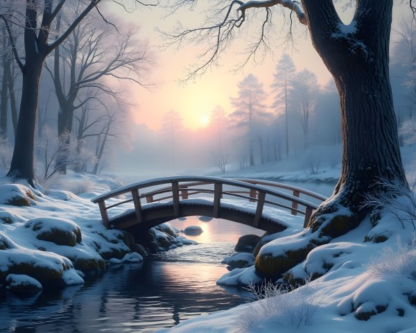 Serene Winter Landscape with Wooden Bridge and Stream