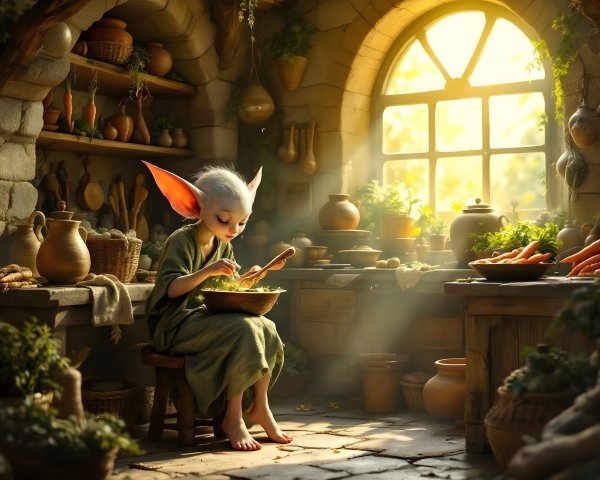 Whimsical Creature in a Sunlit Kitchen Scene
