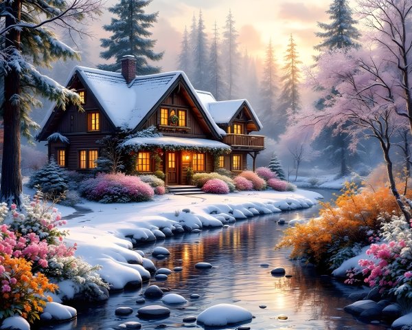 Cozy Wooden House in a Snowy Winter Landscape