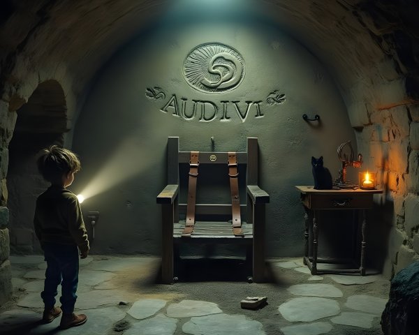 Child in cellar with wooden chair and eerie shadows