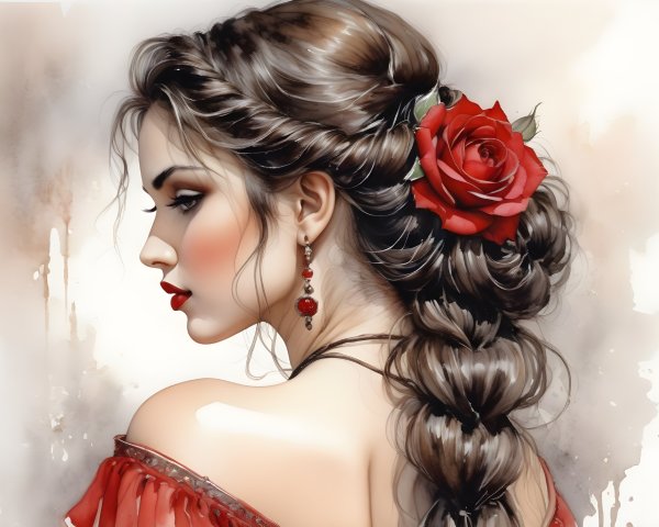Profile of a Young Woman with Red Rose and Elegant Attire