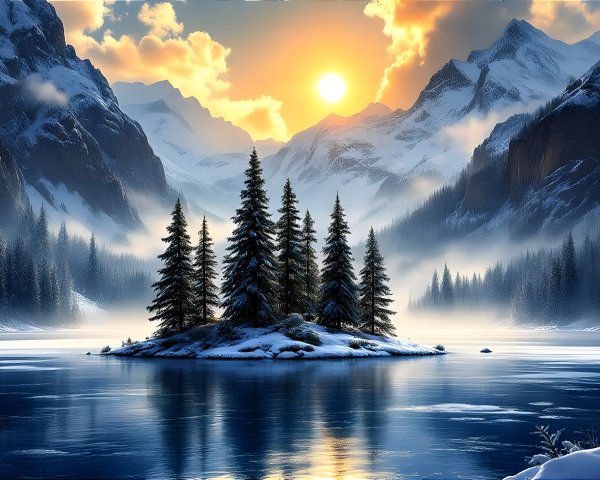 Tranquil Winter Landscape with Lake and Mountains