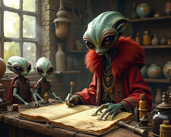 Alien Figures in a Dimly Lit Alchemist's Workshop