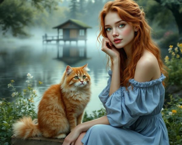 Lakeside Scene with Woman and Orange Tabby Cat