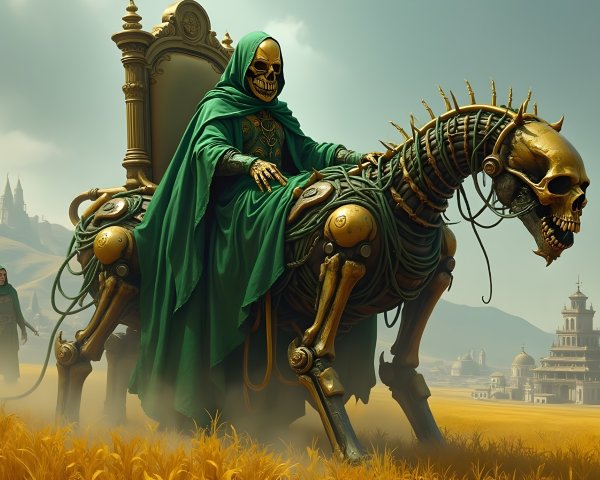 Skeletal Figure on Mechanical Steed in Fantasy Landscape
