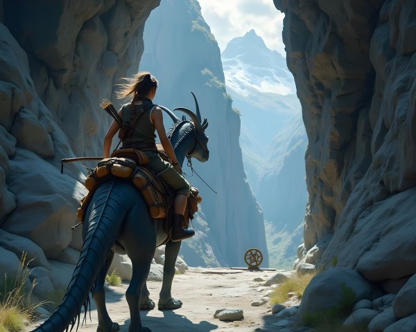 Lone Rider on Creature in Majestic Canyon Landscape