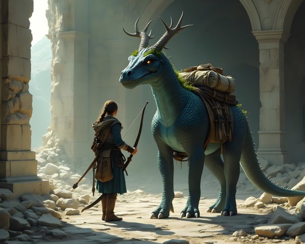 Adventurer Encounters Blue Dragon in Ancient Archway